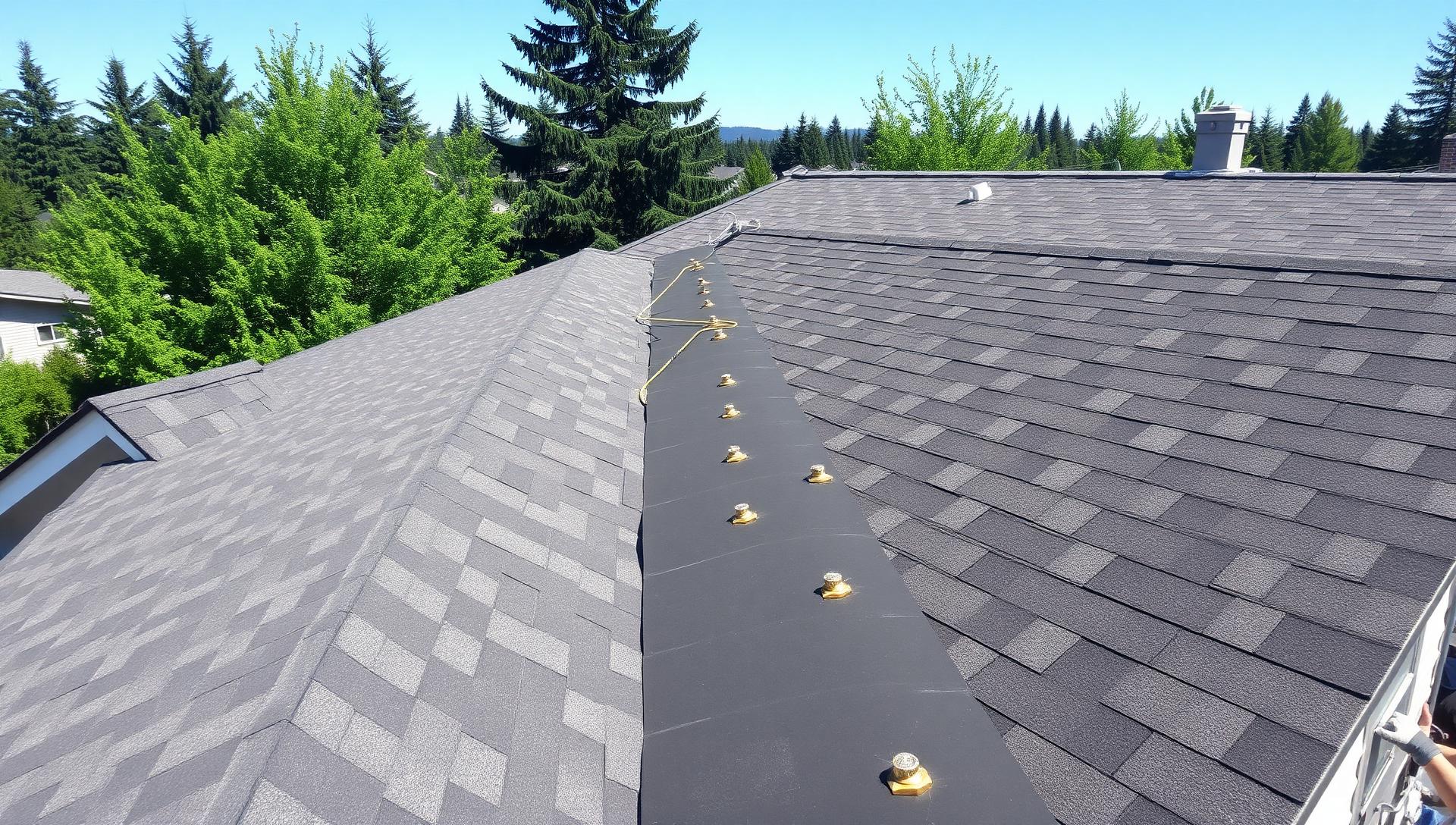 Half-installed new asphalt architectural shingles being laid on a sloped townhome roof in British Columbia