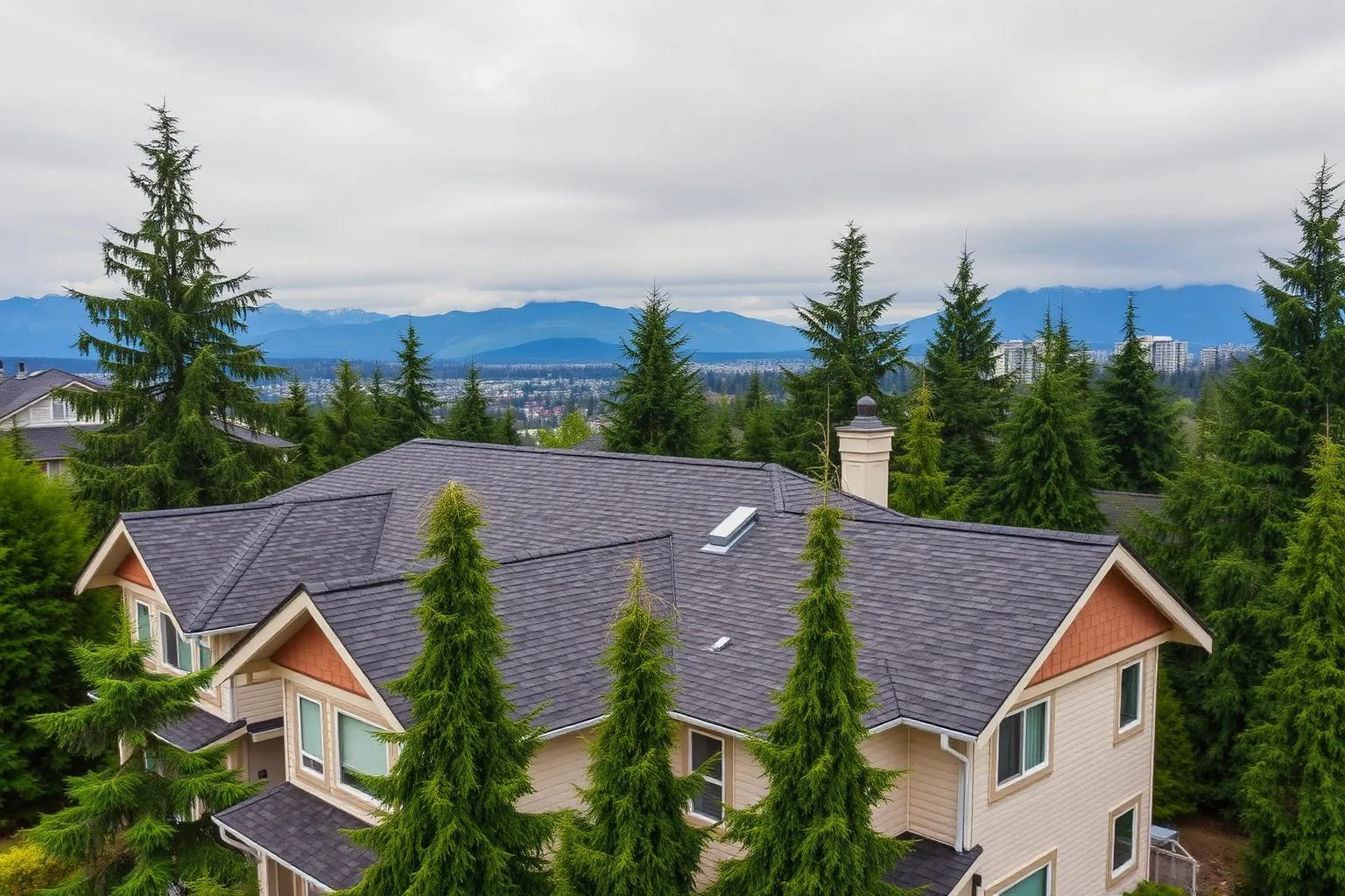 Aerial view of a Metro Vancouver townhouse complex with newly installed dark grey architectural asphalt shingle roof replacing original cedar shakes, evergreen trees and North Shore mountains in background