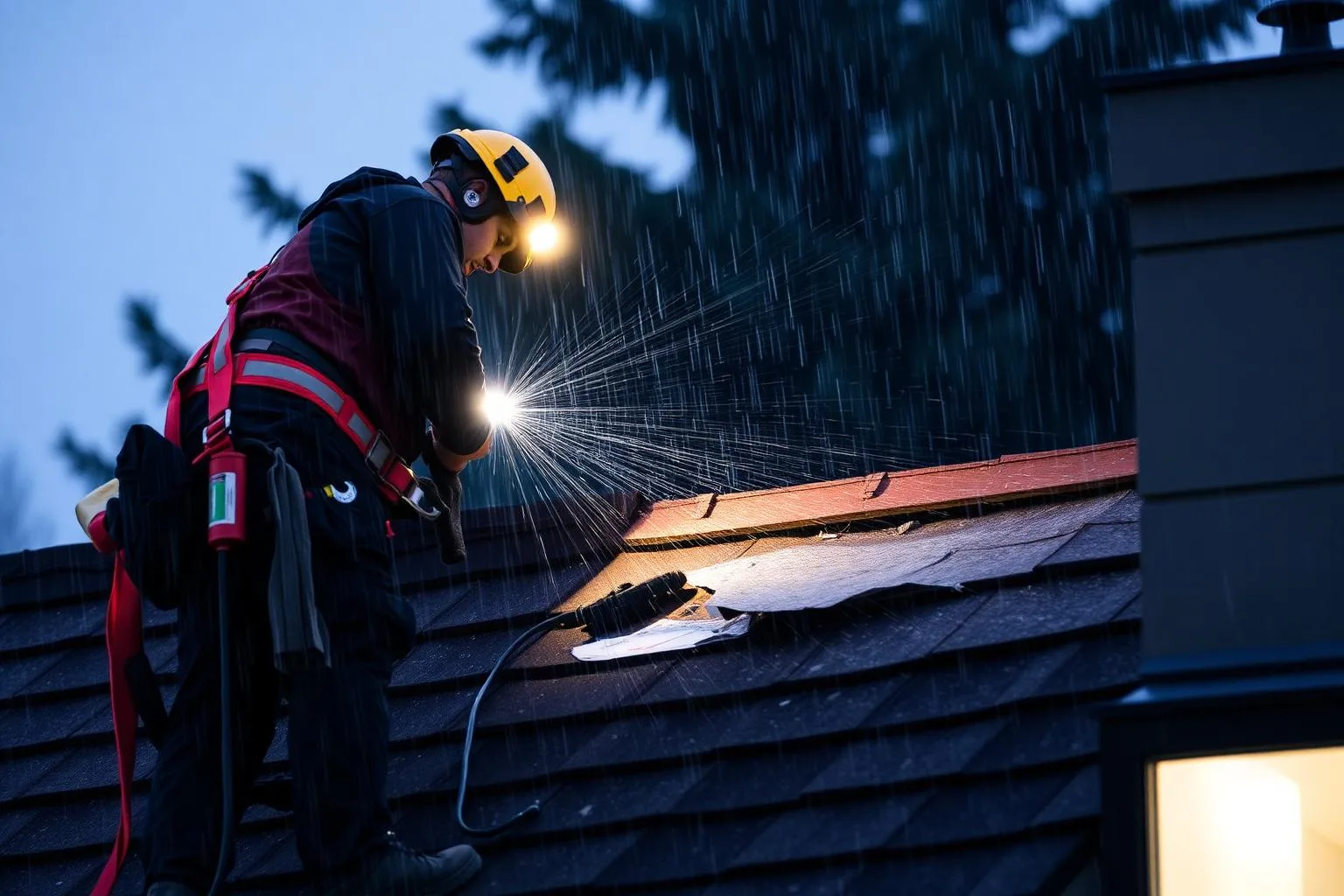 Roofing technician in safety harness with headlamp performing emergency leak repair on a Vancouver roof during heavy rain at dusk