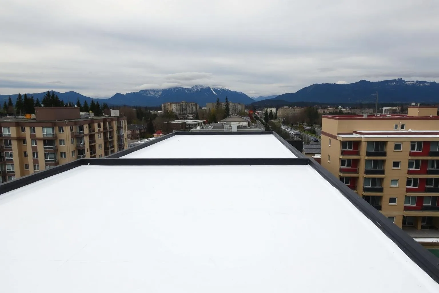 Newly installed flat SBS membrane roof on Vancouver BC apartment building with North Shore mountains in background