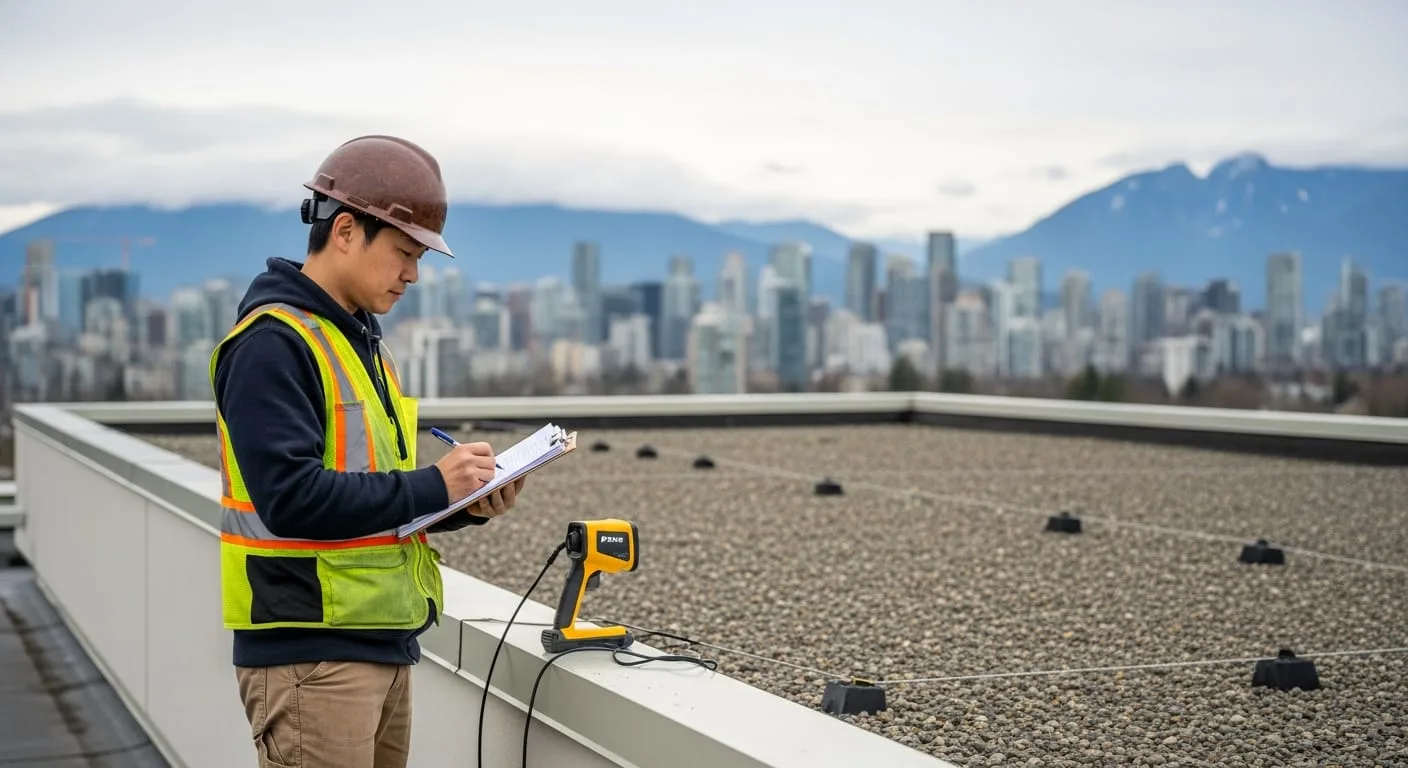 Inspector performing strata roof assessment in British Columbia