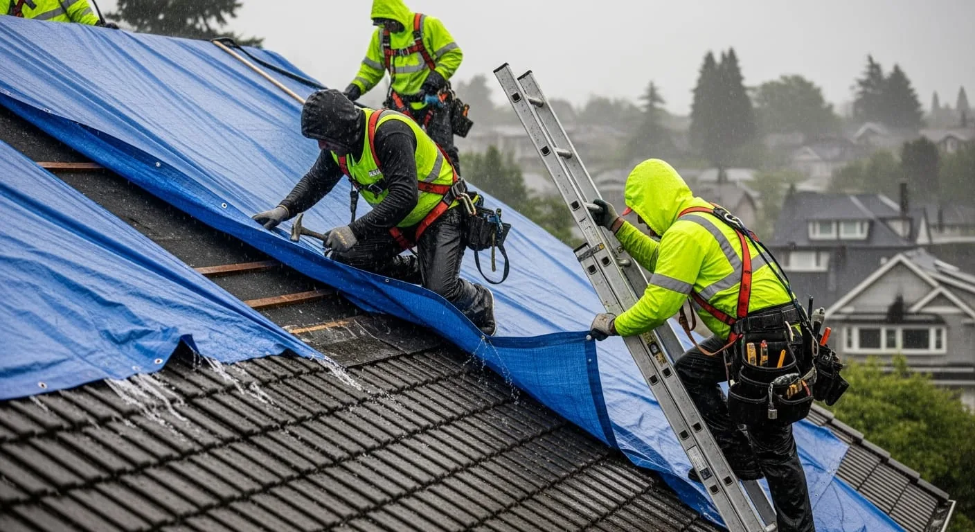 Roofer performing emergency strata roof repair in Vancouver BC