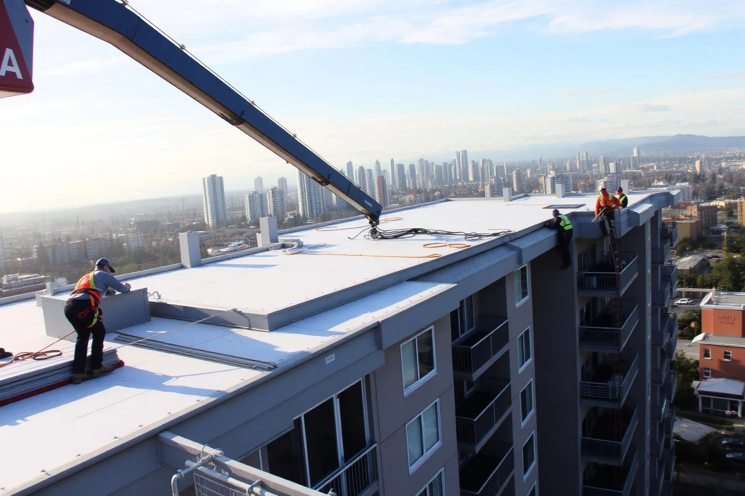 Burnaby Brentwood mid-rise strata building rooftop during flat roof replacement with white TPO single-ply membrane being installed, roofing crew in orange high-visibility safety harnesses, blue crane boom lifting materials and the Metrotown skyline of glass condo towers in the background under bright clear sky