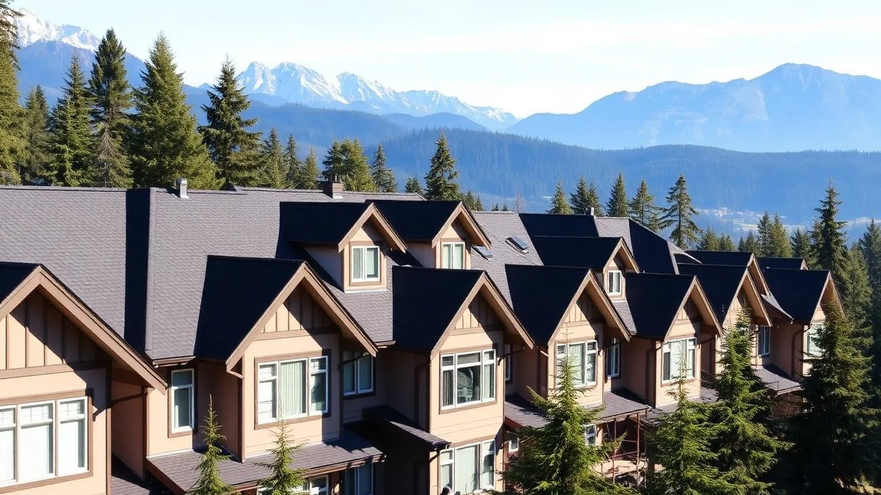 Maple Ridge BC strata townhouse complex nestled against the Golden Ears mountains with newly installed dark grey architectural asphalt shingle roofs, multiple peaked dormers and skylights, surrounded by mature cedar and Douglas fir forest under bright clear sky