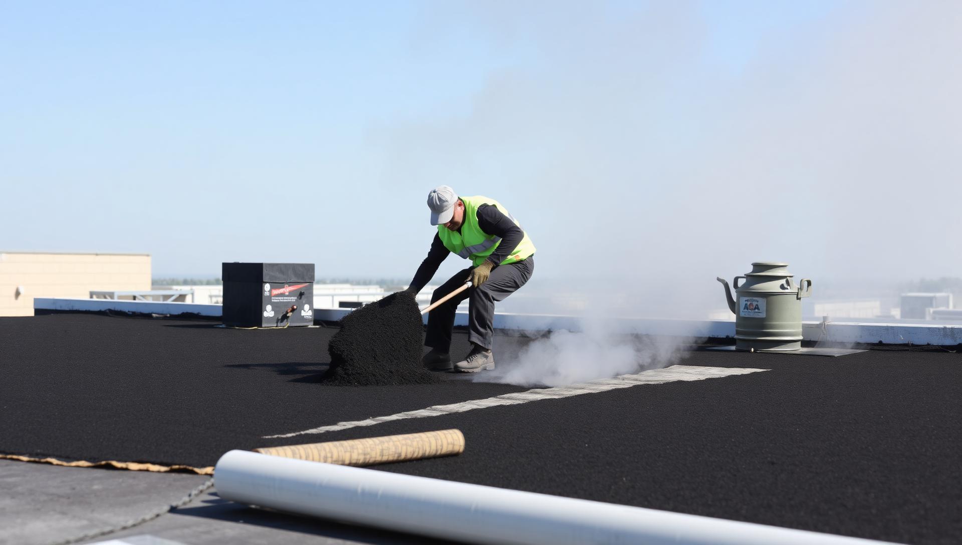 A roofer spreading hot asphalt with a kettle and rolls of felt during a built-up roof BUR installation