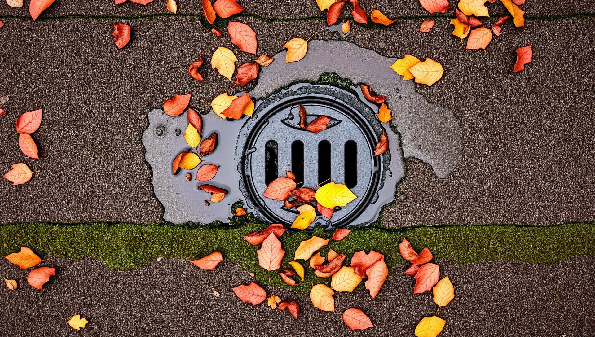 Top-down view of a clogged roof drain on a flat strata roof with autumn leaves and ponding water