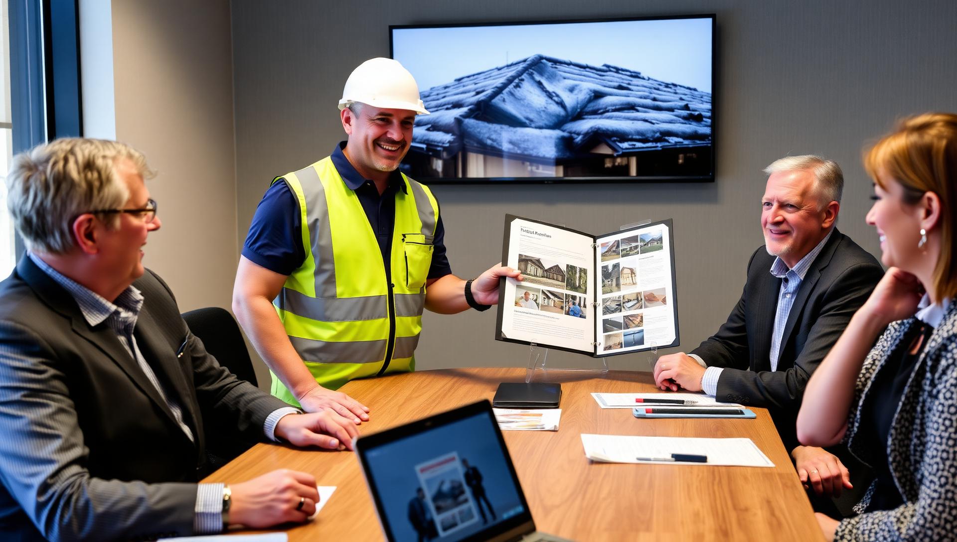 A roofing contractor presenting a printed proposal binder to seated strata council members during an AGM