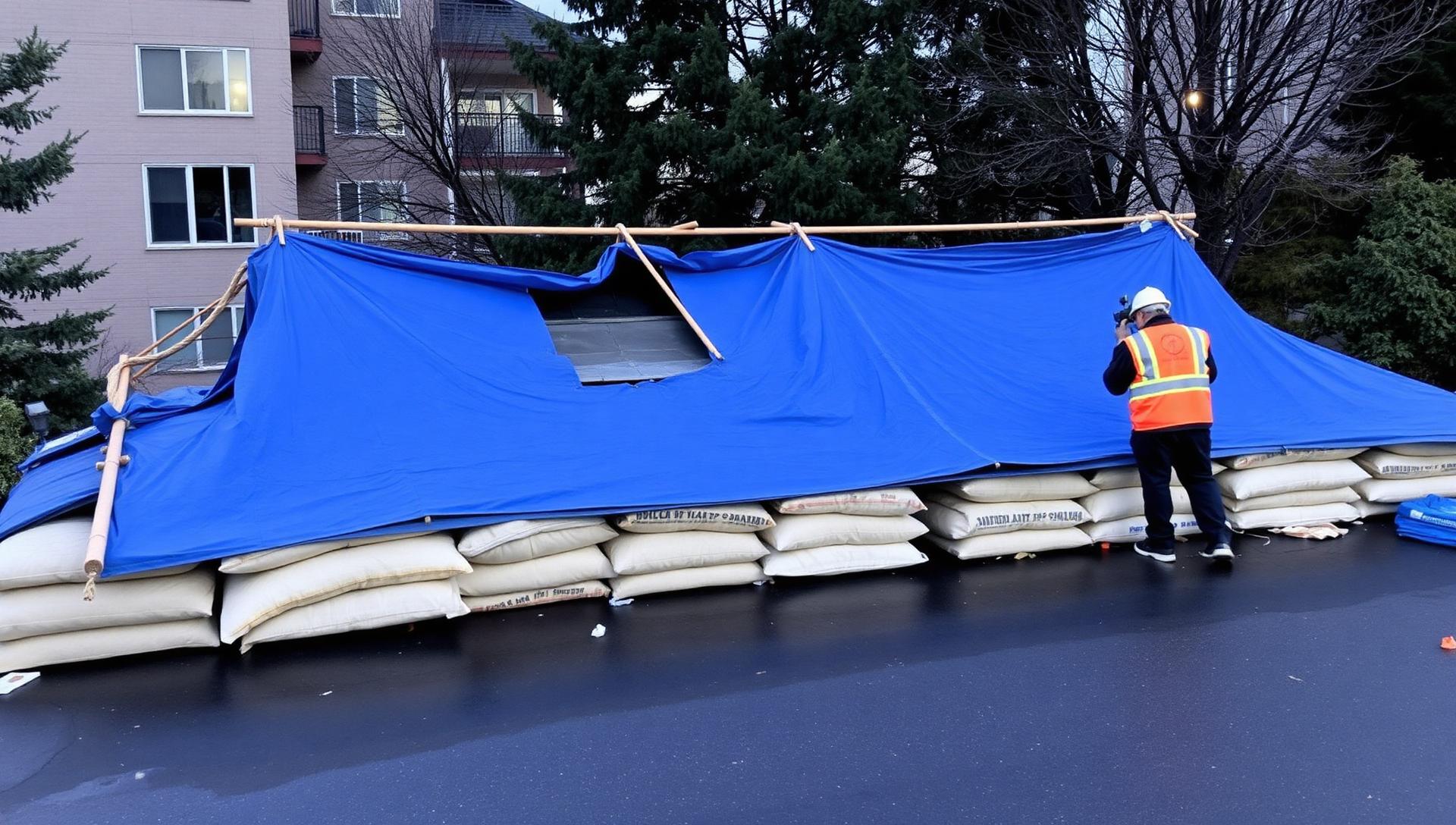 Emergency blue tarp installation on a damaged strata roof at dusk with sandbag ballast and contractor in safety vest