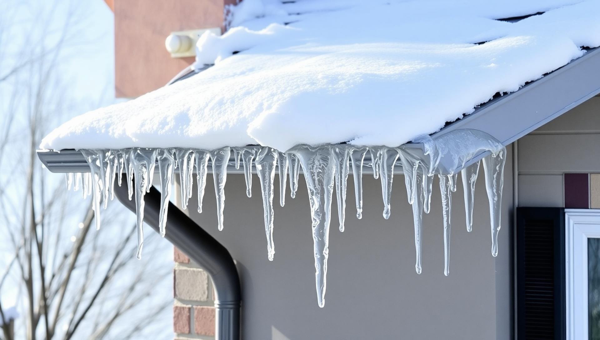 Ice dam at the eaves of a sloped townhome roof with thick icicles and snow accumulation in winter