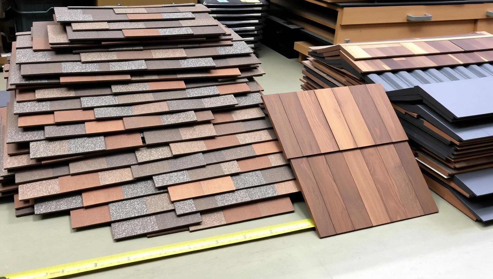Stacked roofing material samples — asphalt shingles, metal panels, and cedar — laid out for strata council comparison