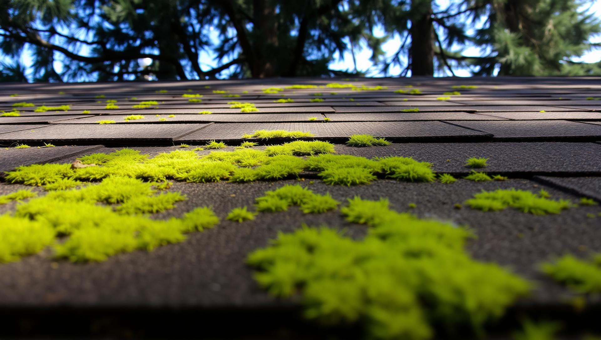 Bright green moss growing between asphalt shingles on a Pacific Northwest townhome roof under cedar trees