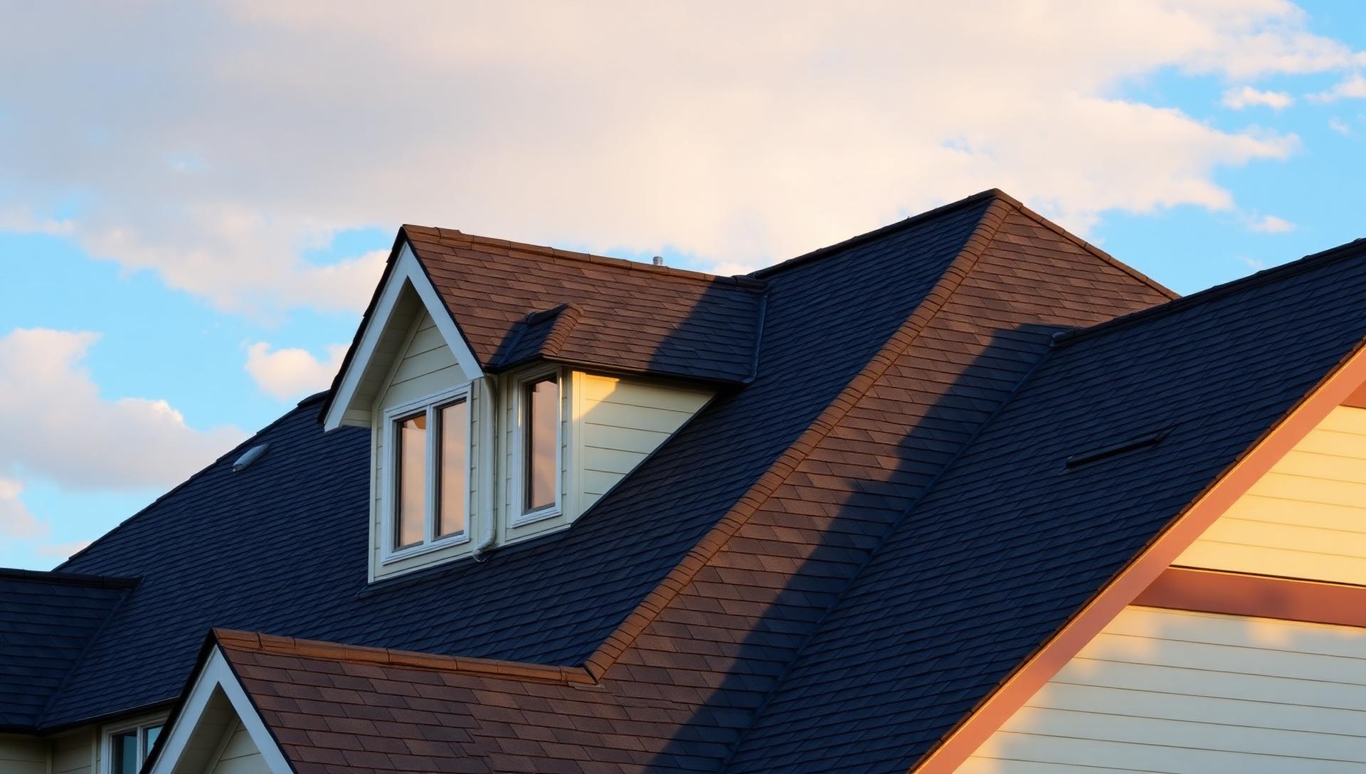 Close-up of a steep-slope asphalt shingle roof with dormer on a BC strata townhome — example of pitched roofing covered in our council resources