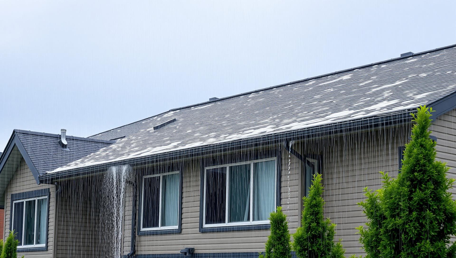 Heavy rainstorm pouring on a multi-family townhome rooftop in Vancouver British Columbia with water cascading off gutters