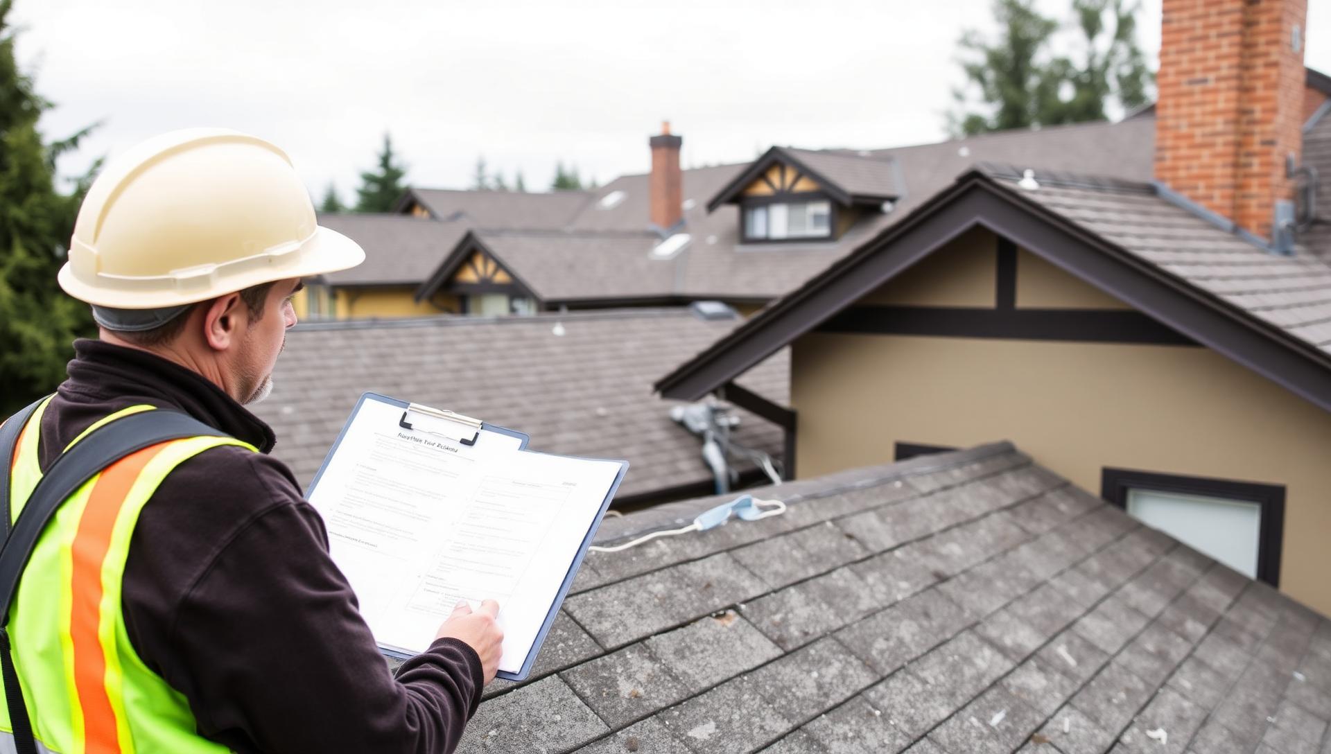 Roofing inspector in safety vest documenting a strata townhome roof in spring with clipboard in hand