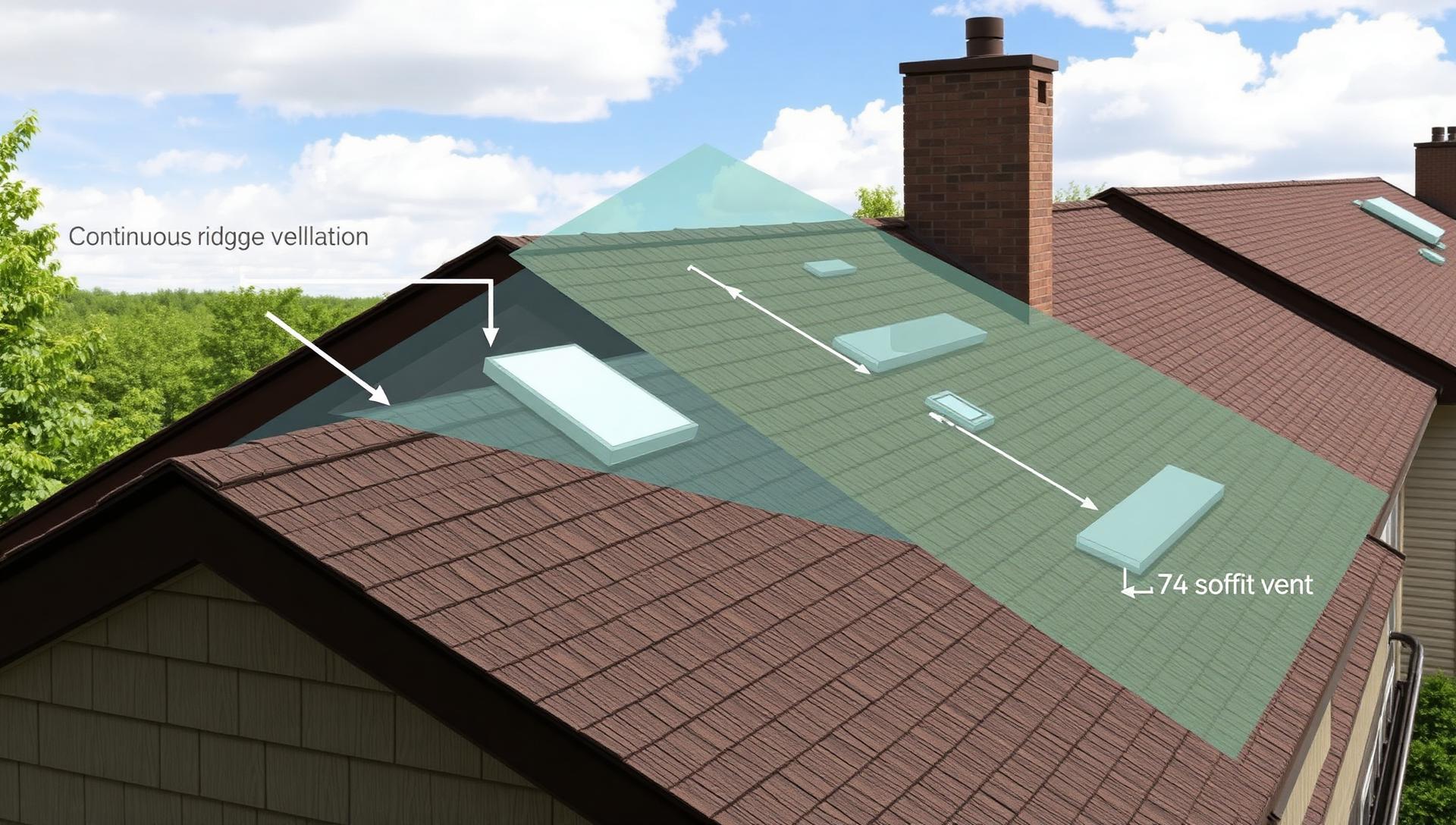 Diagram of continuous ridge vent and soffit vent airflow on a sloped townhome roof in British Columbia