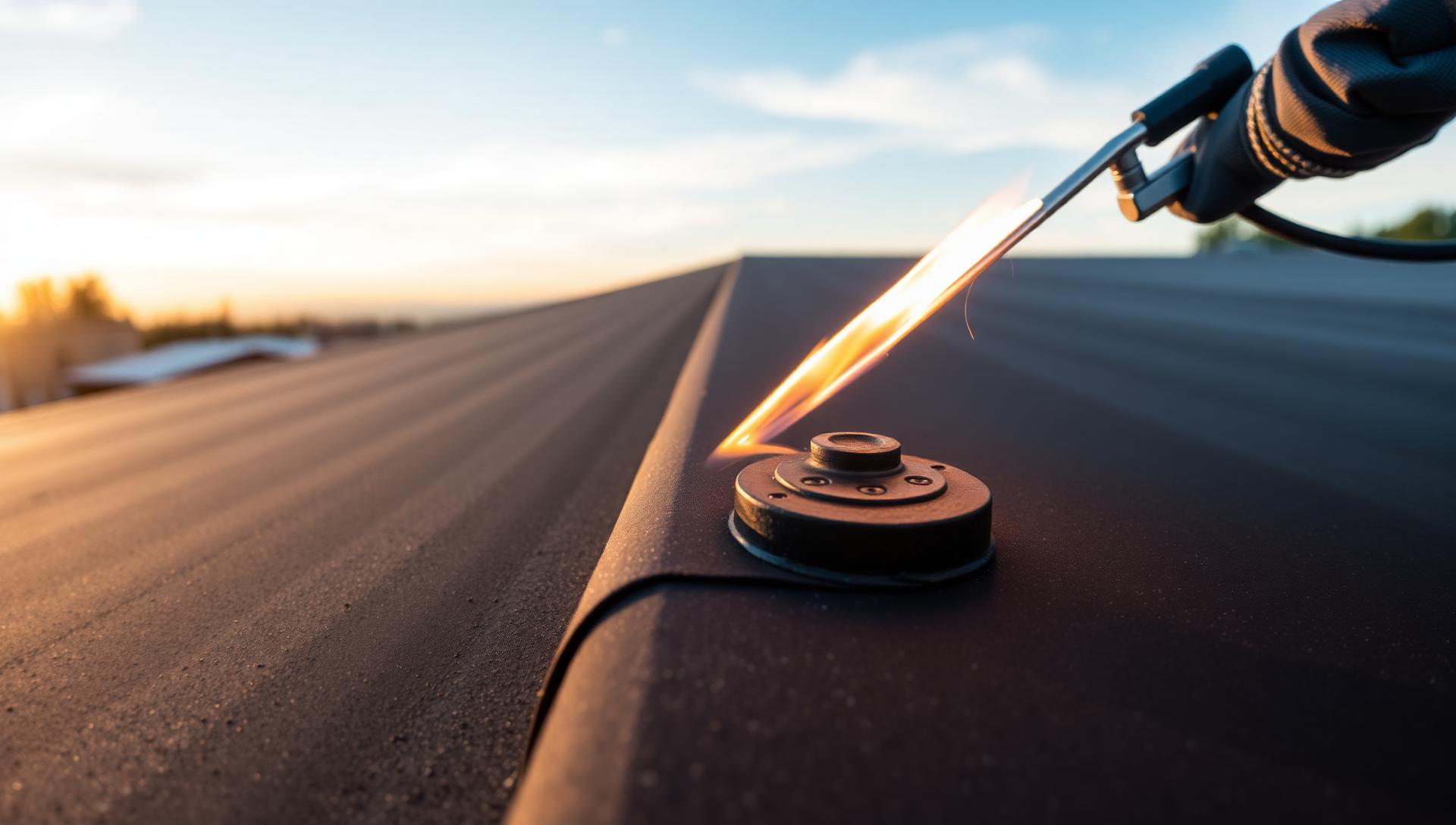 Close-up of two-ply SBS torch-on modified bitumen roof being installed with a propane torch on a strata building at dawn