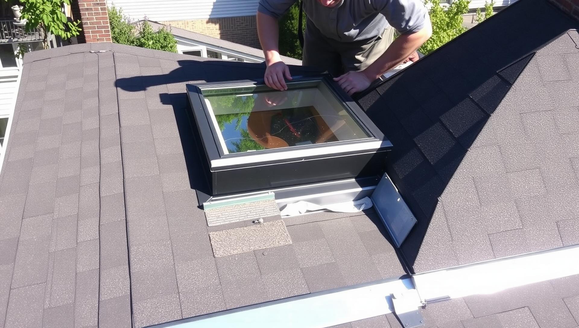 A residential skylight being installed on a sloped asphalt shingle townhouse roof with new aluminum step flashing