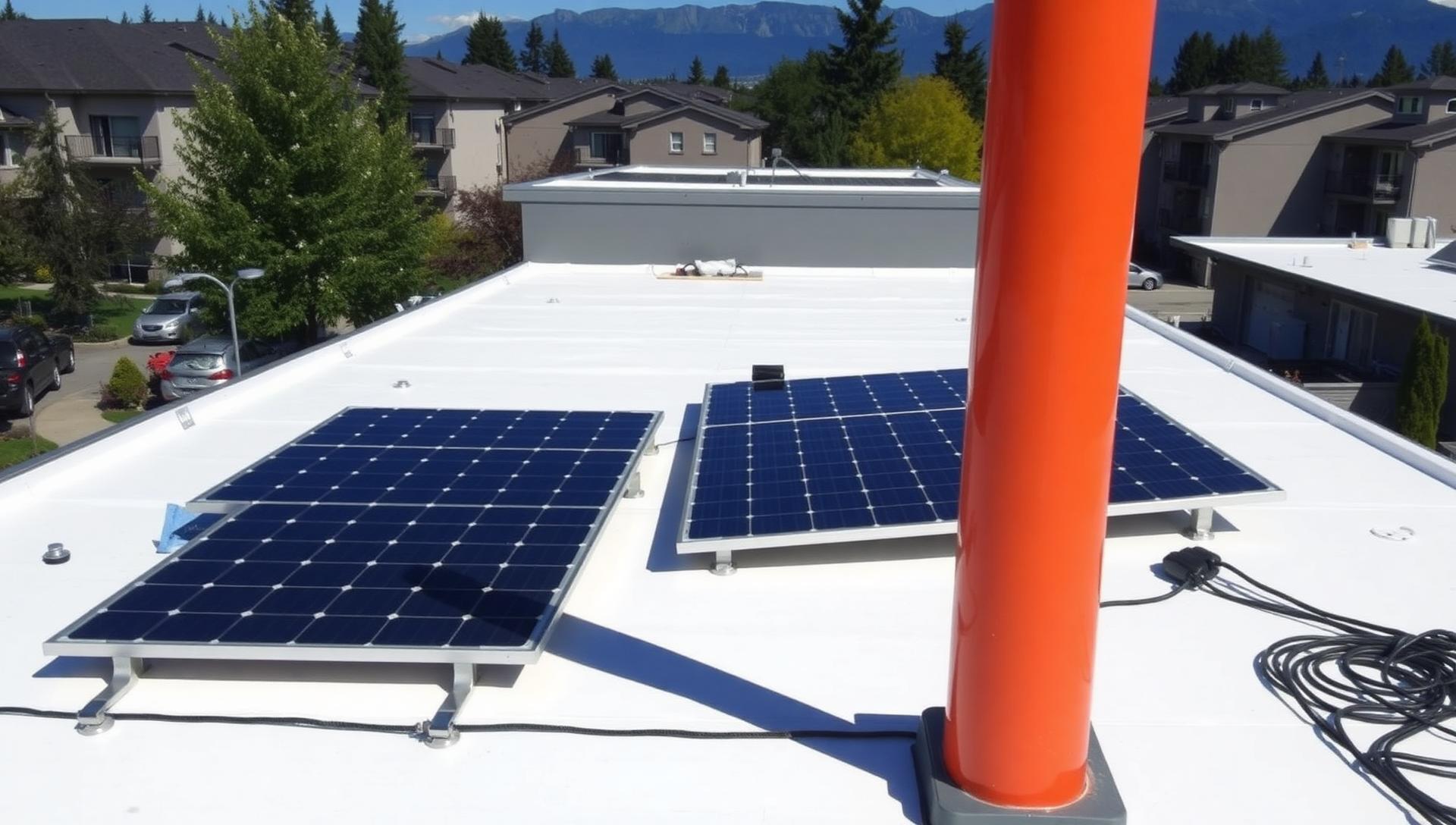 Solar panels installed on a flat white TPO roofing membrane on a multifamily strata building with mountain views in British Columbia