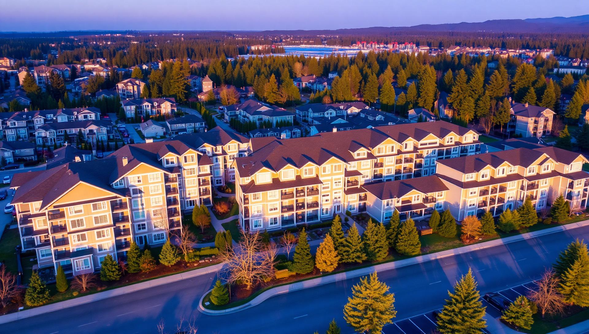 Aerial sunset view of a multi-building strata townhome complex with mixed pitched and flat roofs in Burnaby British Columbia