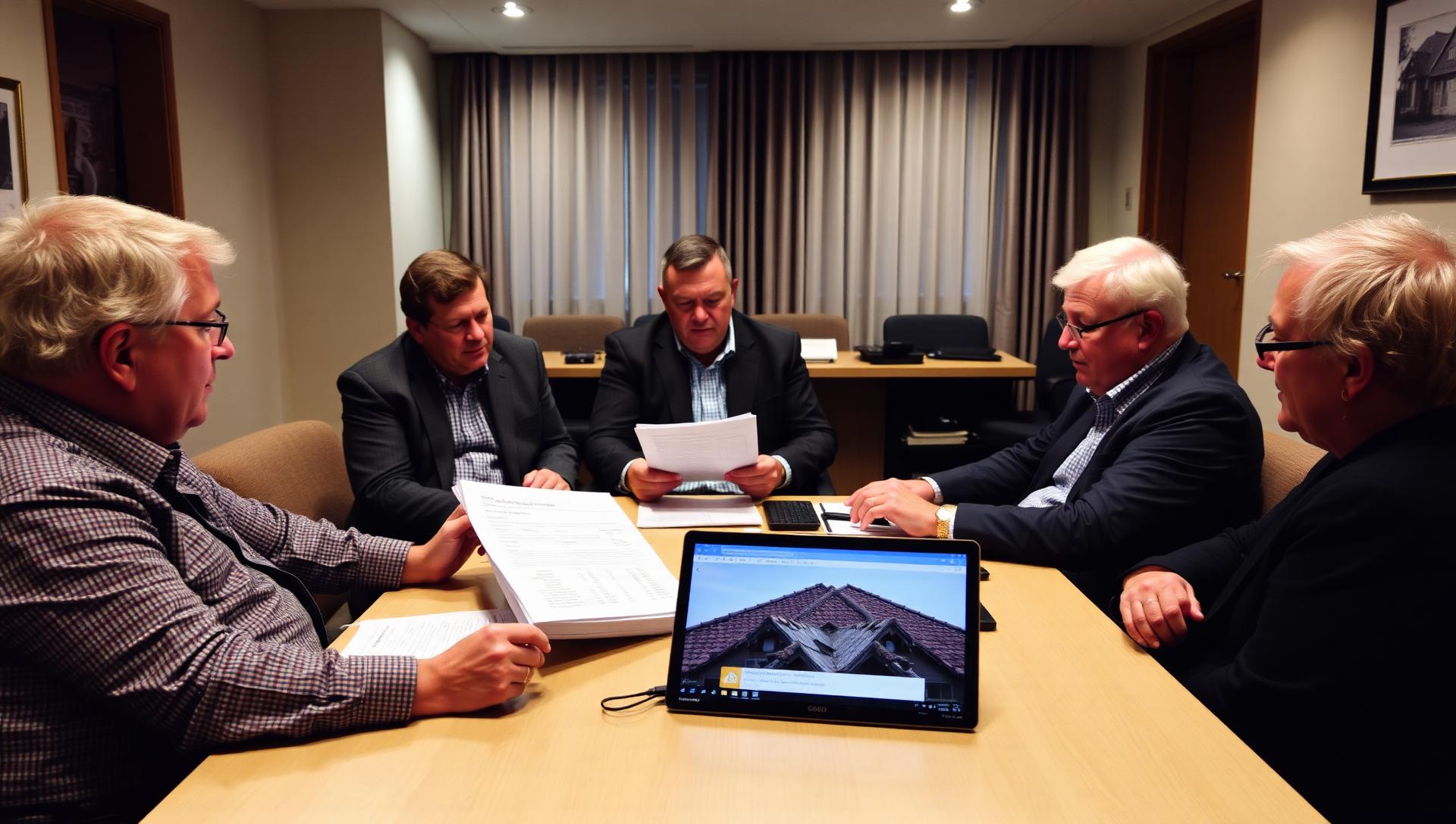 Strata council members reviewing a printed depreciation report and laptop budget around a boardroom table