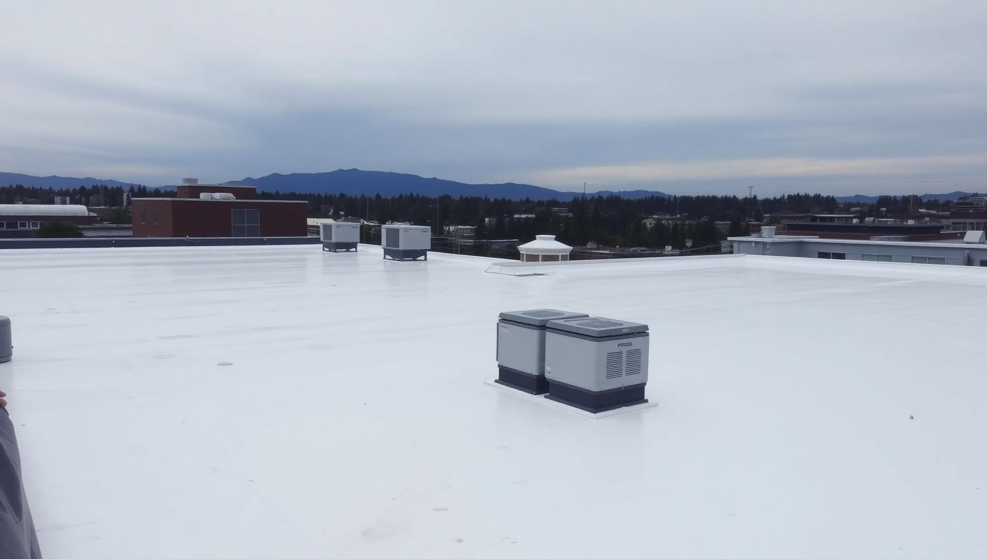 White TPO single-ply roofing membrane installed on a flat lowrise apartment building with HVAC units