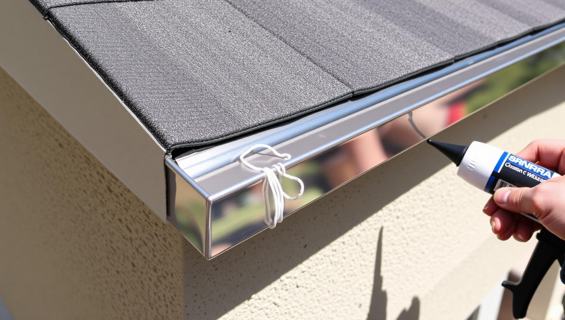 Close-up of new aluminum step flashing being installed where a sloped townhouse roof meets a stucco wall with sealant