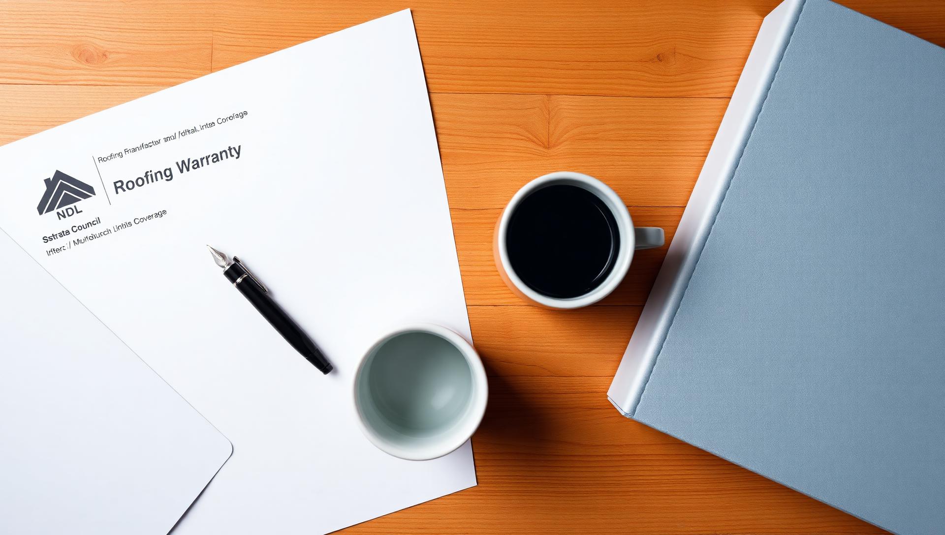 Roofing manufacturer NDL warranty document with a fountain pen and strata council binder on a wooden desk